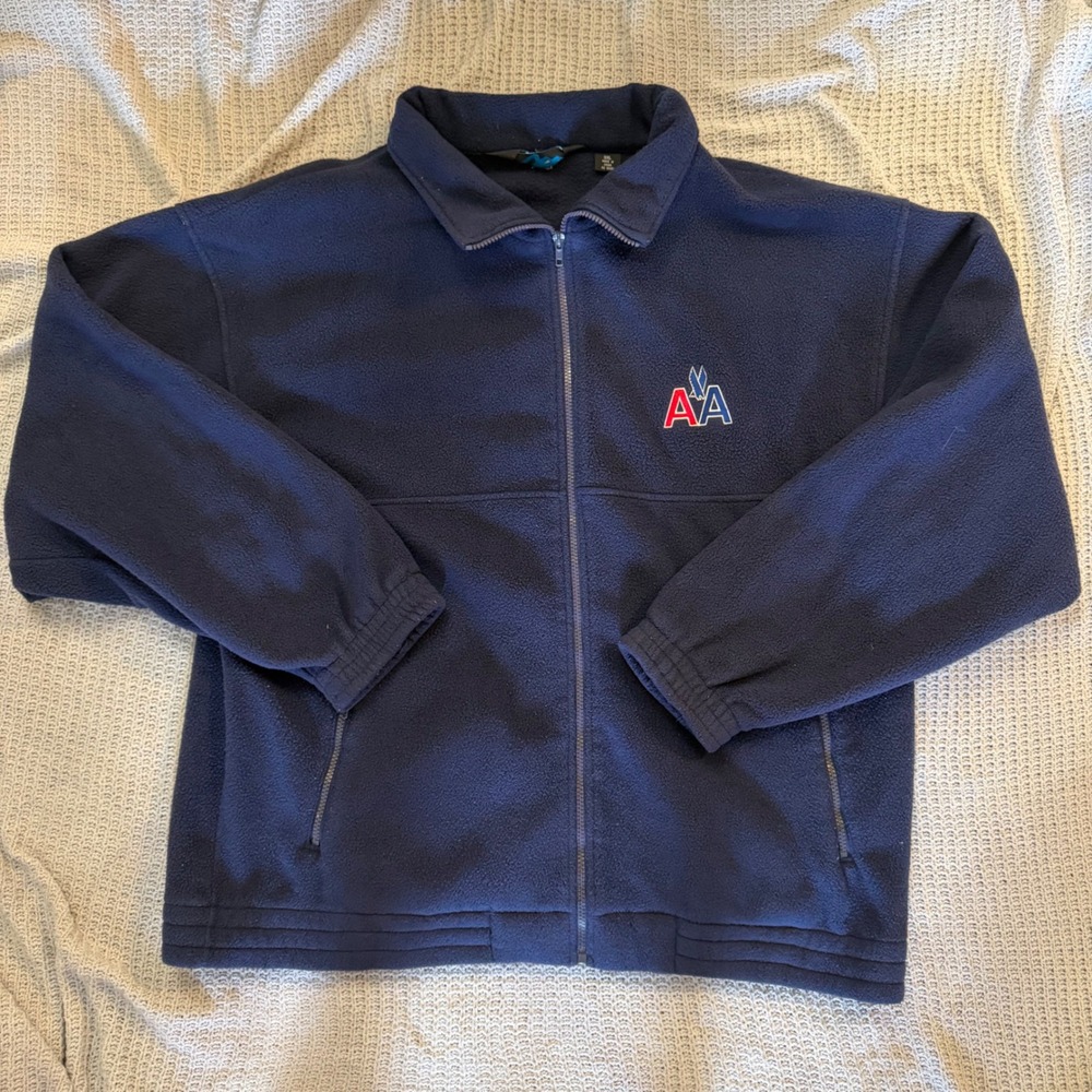 Tri-Mountain American Airlines Fleece Jacket Navy Blue Mens 3XL Full Zip Vintage